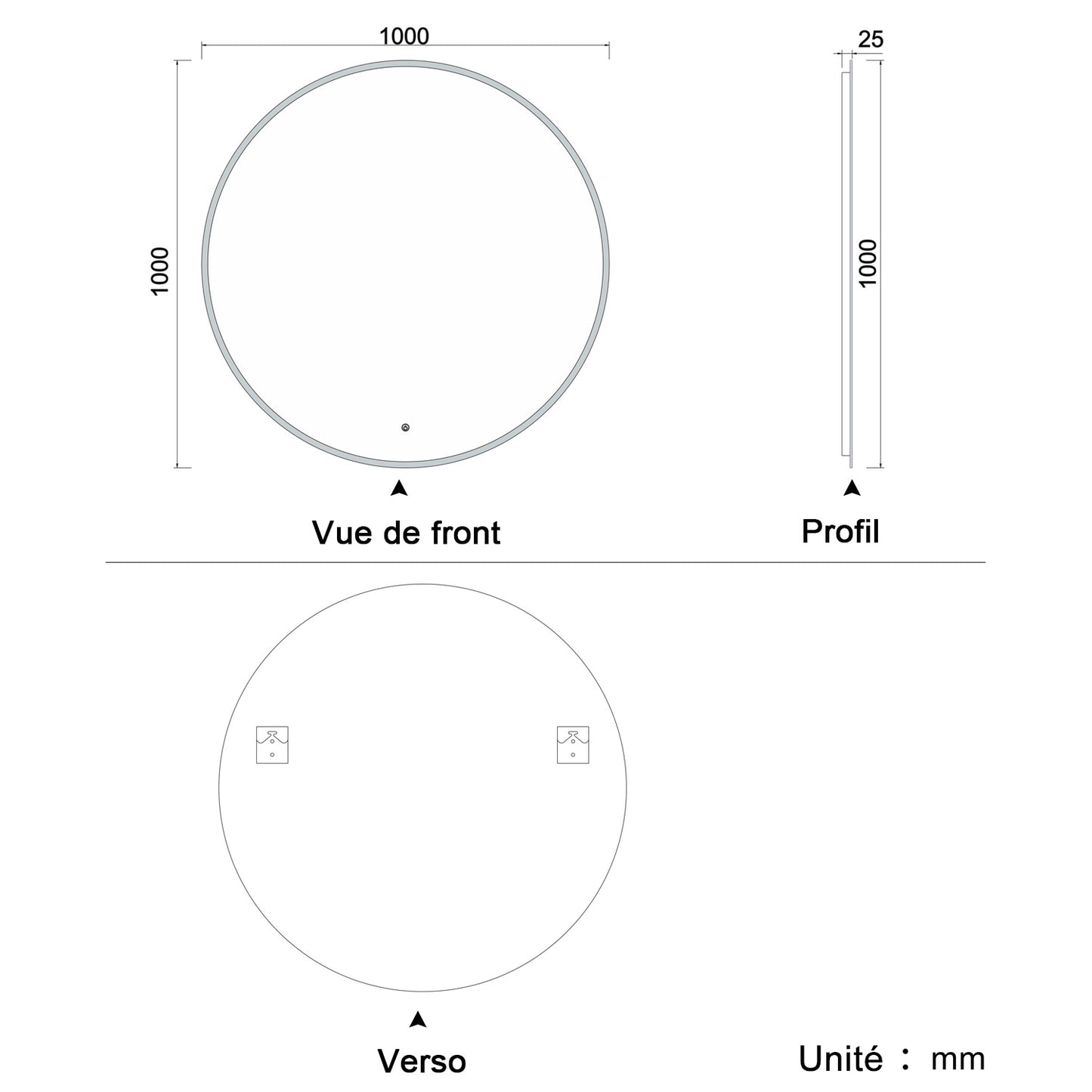 LED Miroir rond de salle de bain anti-buée tactile + lumière blanche froide 90/100/120cm