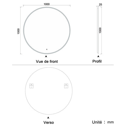 LED Miroir rond de salle de bain anti-buée tactile + lumière blanche froide 90/100/120cm