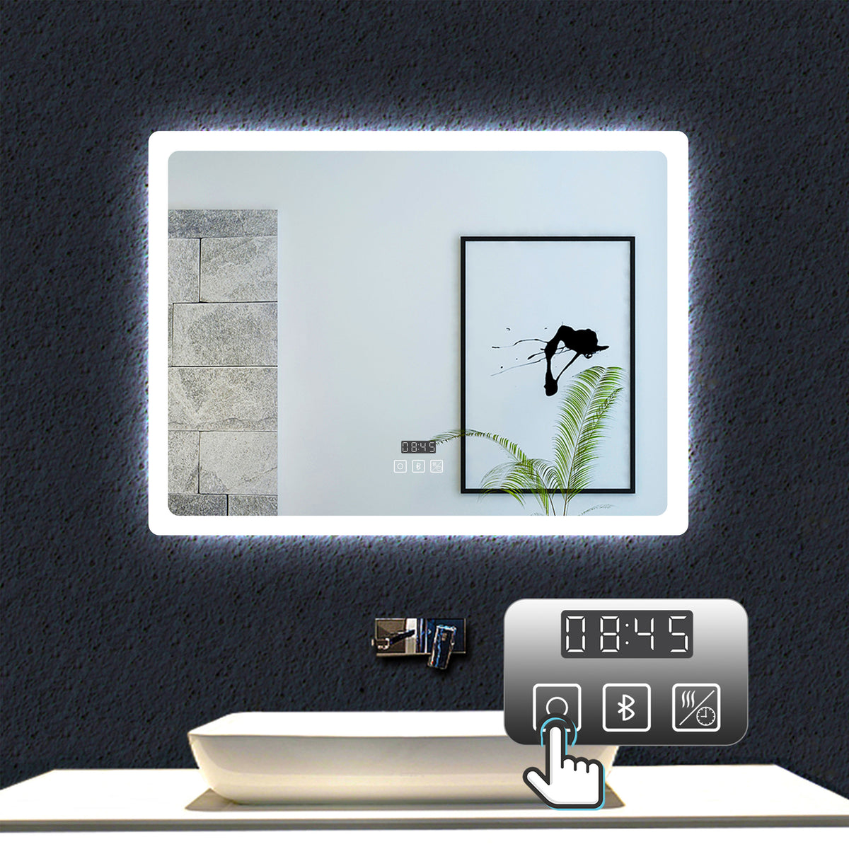 Miroir De Salle De Bain LED Avec Bluetooth, Horloge Et Interrupteur - Design Moderne - Fixation Murale - Neuf