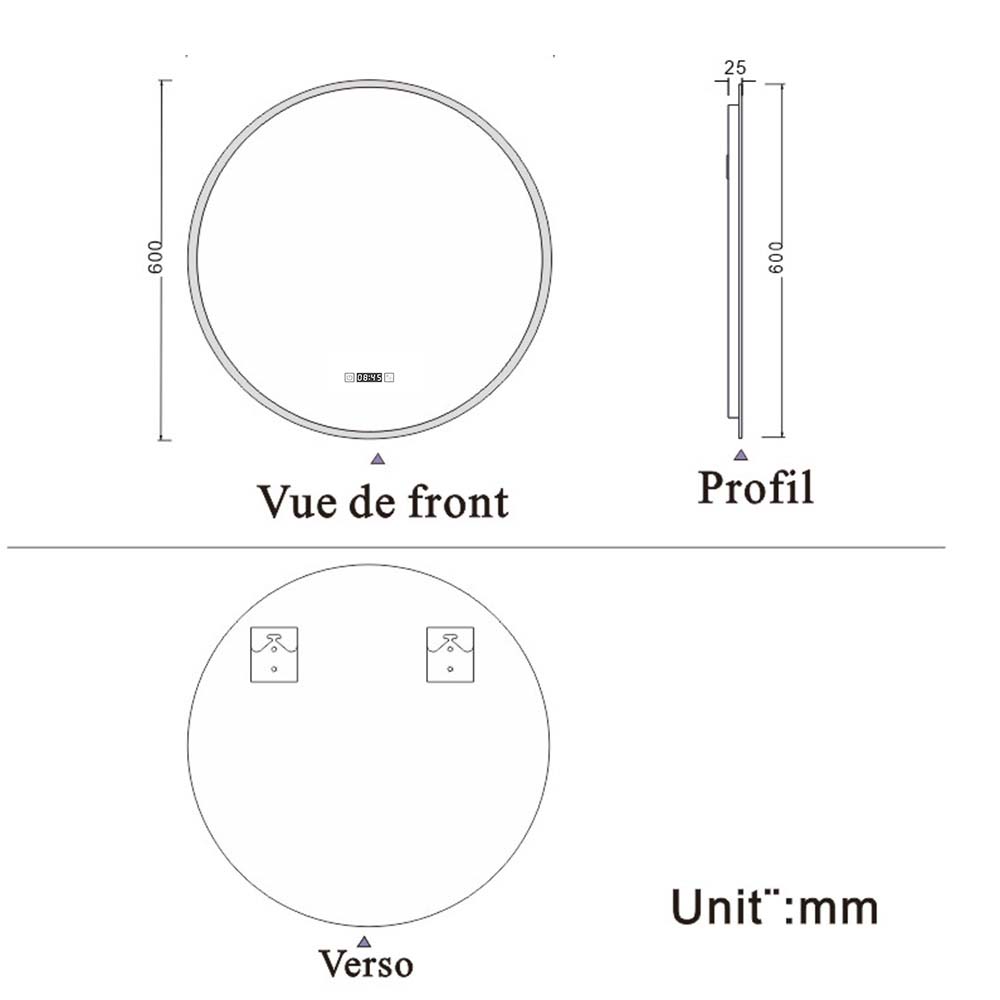 Horloge et rond miroir de salle de bain LED tricolore anti-buée 60/70/80cm