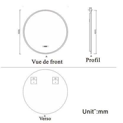 Horloge et rond miroir de salle de bain LED tricolore anti-buée 60/70/80cm
