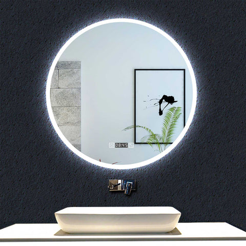 Horloge et rond miroir de salle de bain LED tricolore anti-buée 60/70/80cm