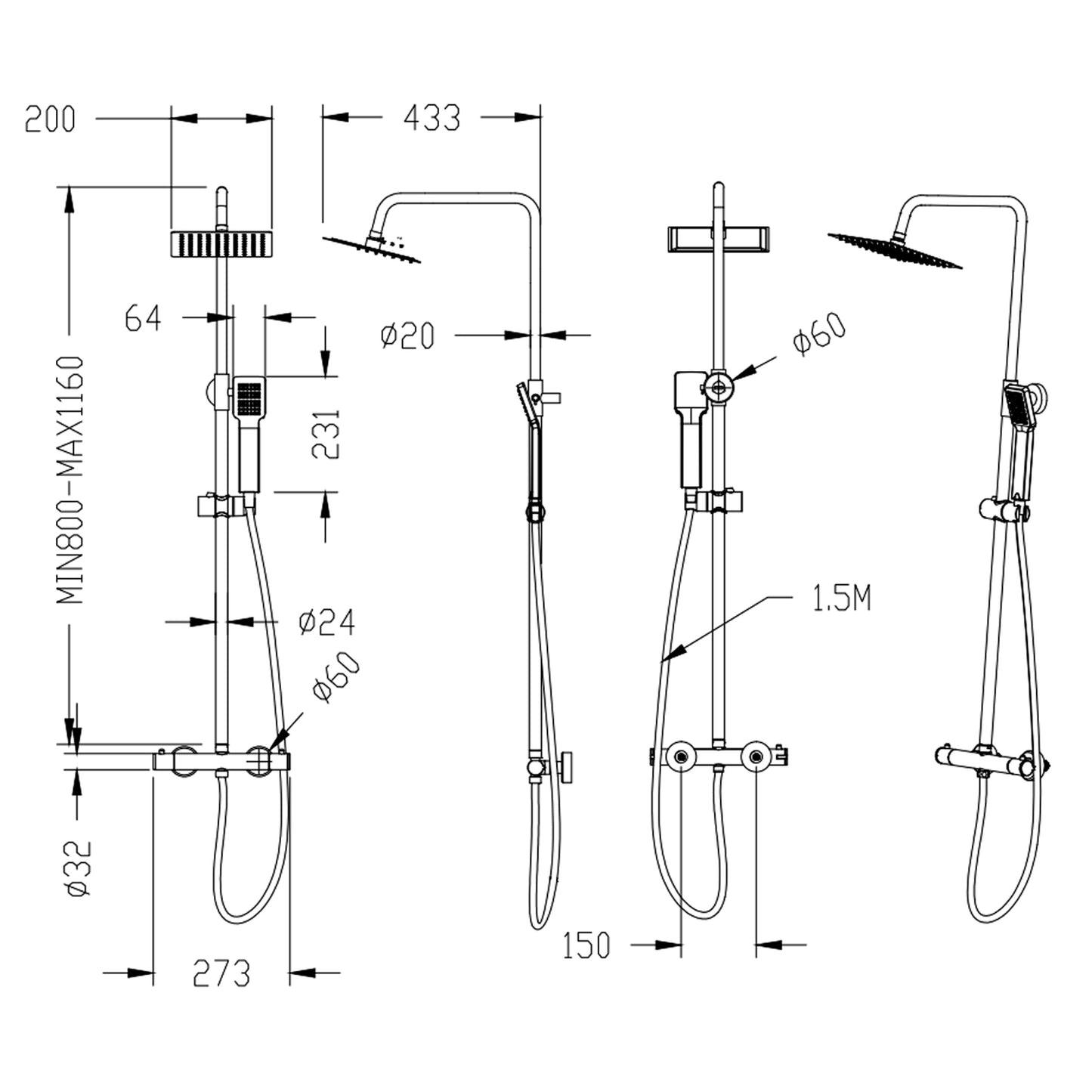 Océan Colonne de douche thermostatique, ensembles de robinets de douche, pomme de douche carrée, tuyau chromé en acier inoxydable, douche à effet pluie de salle de bain