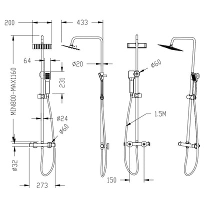 Océan Colonne de douche thermostatique, ensembles de robinets de douche, pomme de douche carrée, tuyau chromé en acier inoxydable, douche à effet pluie de salle de bain