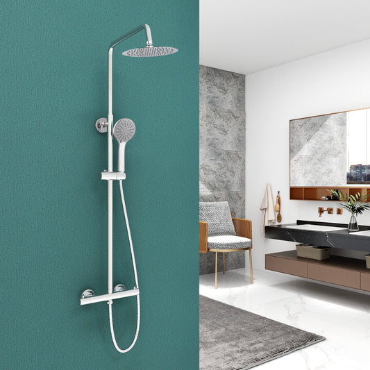 Colonne de Douche Thermostatique Réglable en Hauteur Colonne de Douche Mecanique Kit Set de Douche en Laiton Chromé Solide