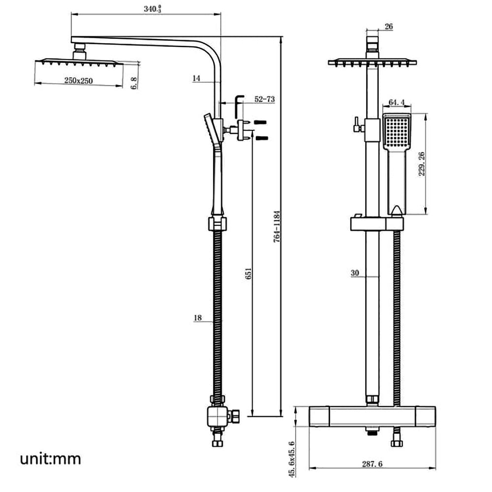 Colonne de douche thermostatique, ensemble de douche 2 fonctions, chromé avec pomme de douche 250 mm, hauteur réglable 76-118 cm