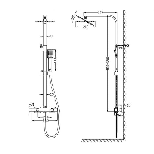 Océan colonne de douche thermostatique carrée 20*20cm, corps en laiton, hauteur réglable, argent-2