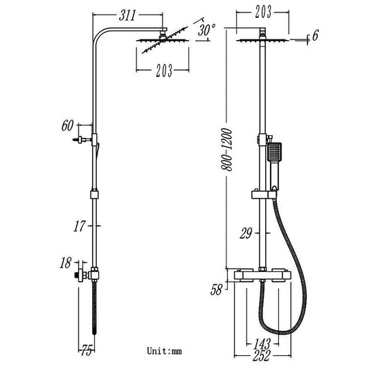Océan mitigeur de douche thermostatique exposé salle de bain tête double grand ensemble de barre carrée Chrome