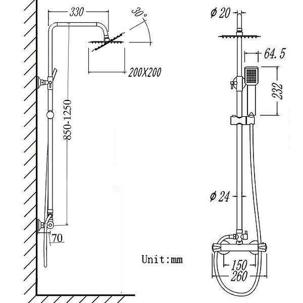 Océan Douche thermostatique avec pommeau carré (1260x258x500mm)