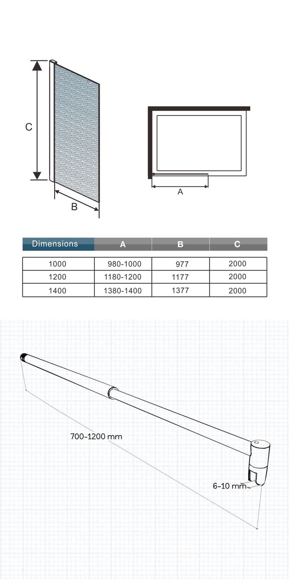 Paroi de douche à l'italienne en verre 8mm de sécurité sablé, Océan paroi de douche 100 - 140 x 200cm avec une barre de stabilisation ronde extensible