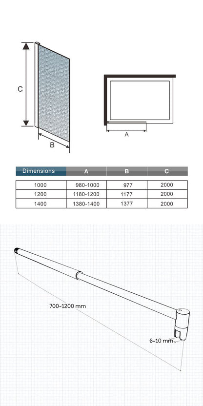 Paroi de douche à l'italienne en verre 8mm de sécurité sablé, Océan paroi de douche 100 - 140 x 200cm avec une barre de stabilisation ronde extensible