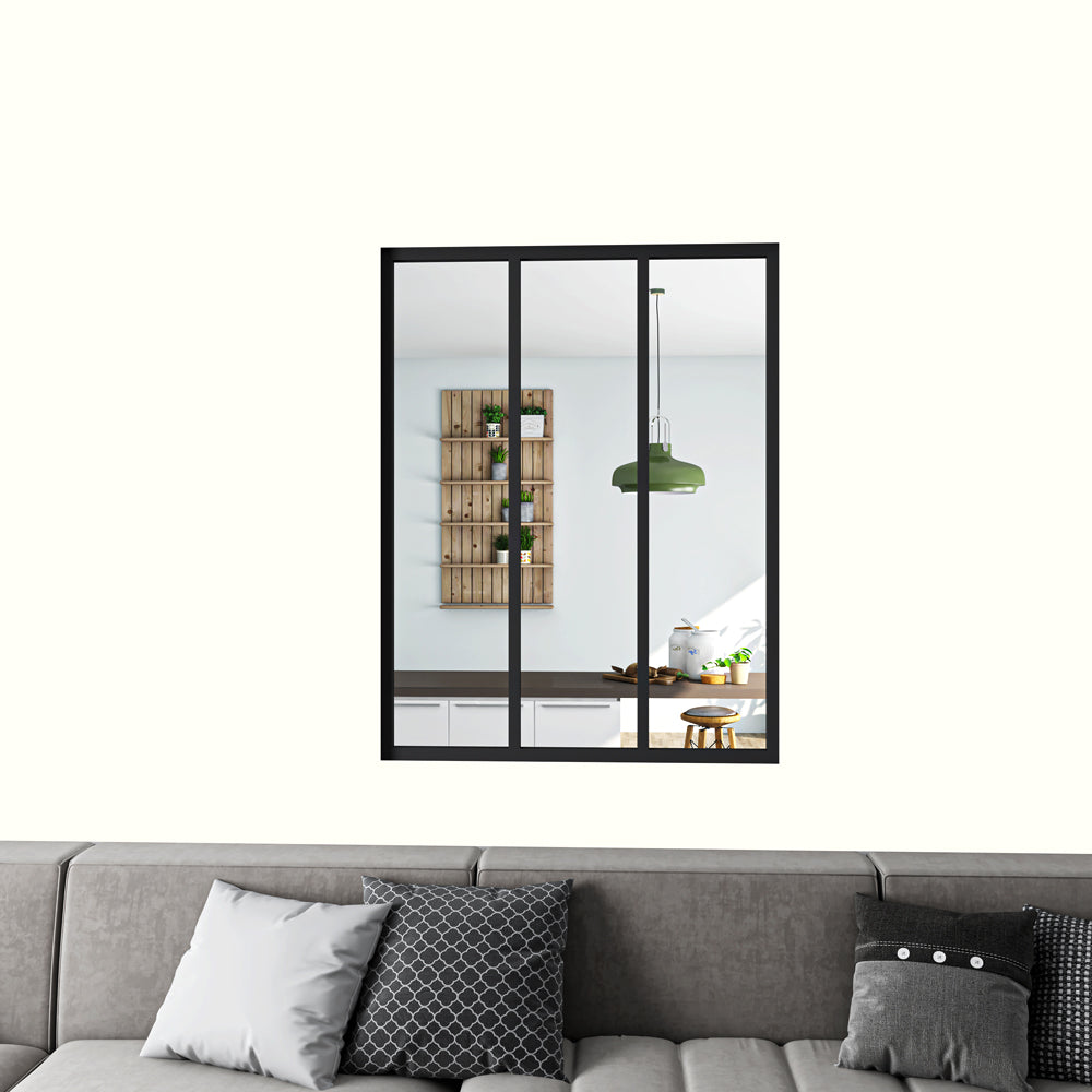 Cloison vitrée Intérieur 93x108cm - aluminium noir mat - Cadre aluminium noir mat - 3 carreaux fixes - Kit de montage