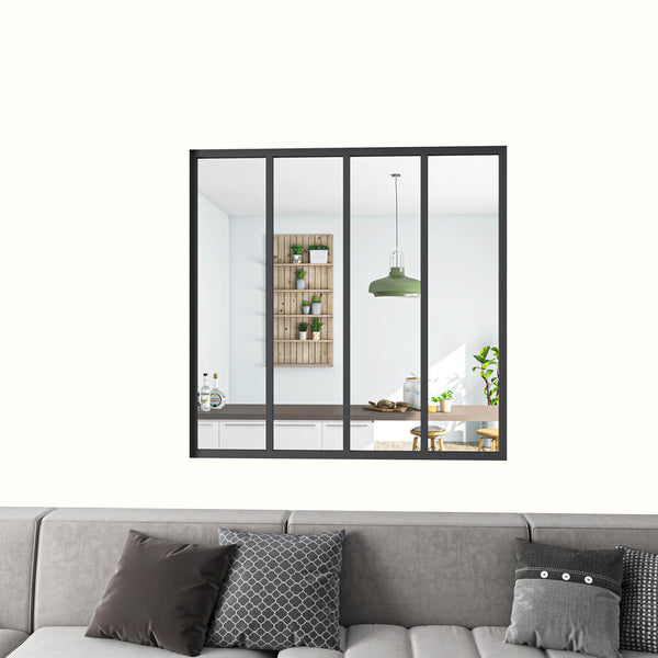 Cloison vitrée intérieure 123x108cm : cadre en aluminium noir mat, 4 carreaux fixes et kit de vitrage