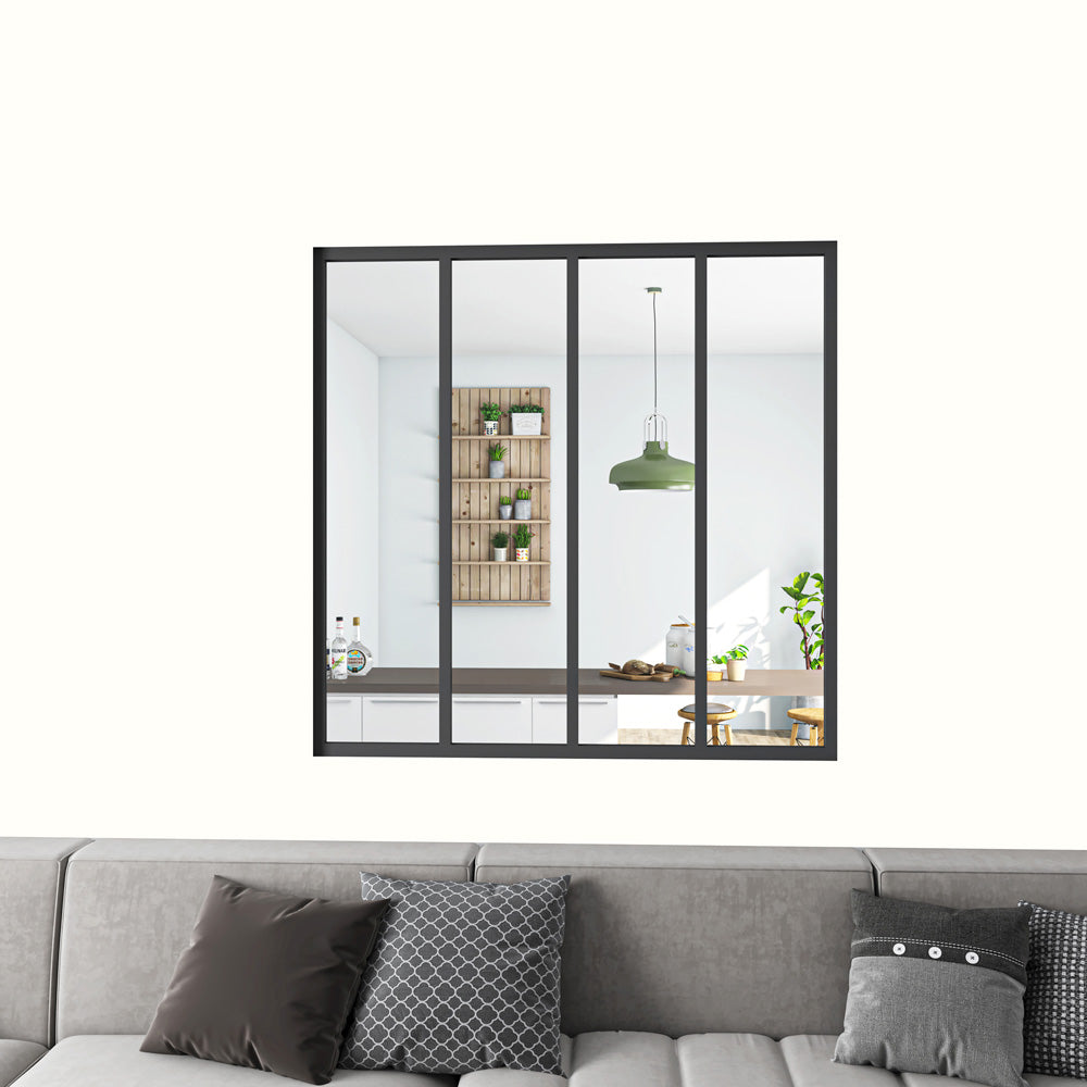 Cloison vitrée intérieure 123x108cm : cadre en aluminium noir mat, 4 carreaux fixes et kit de vitrage
