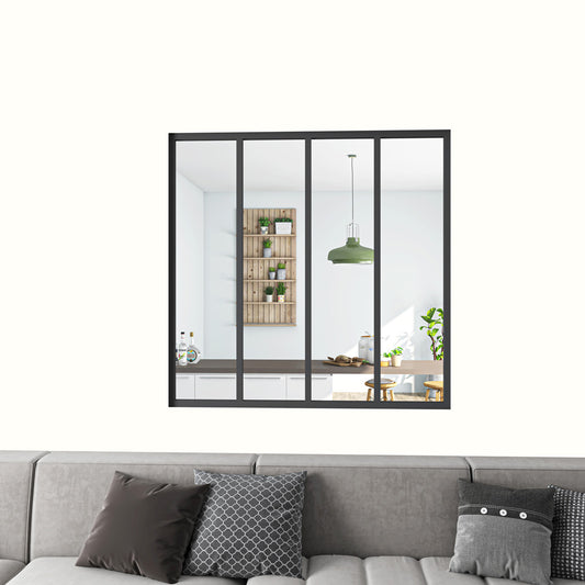 Cloison vitrée intérieure 123x108cm : cadre en aluminium noir mat, 4 carreaux fixes et kit de vitrage