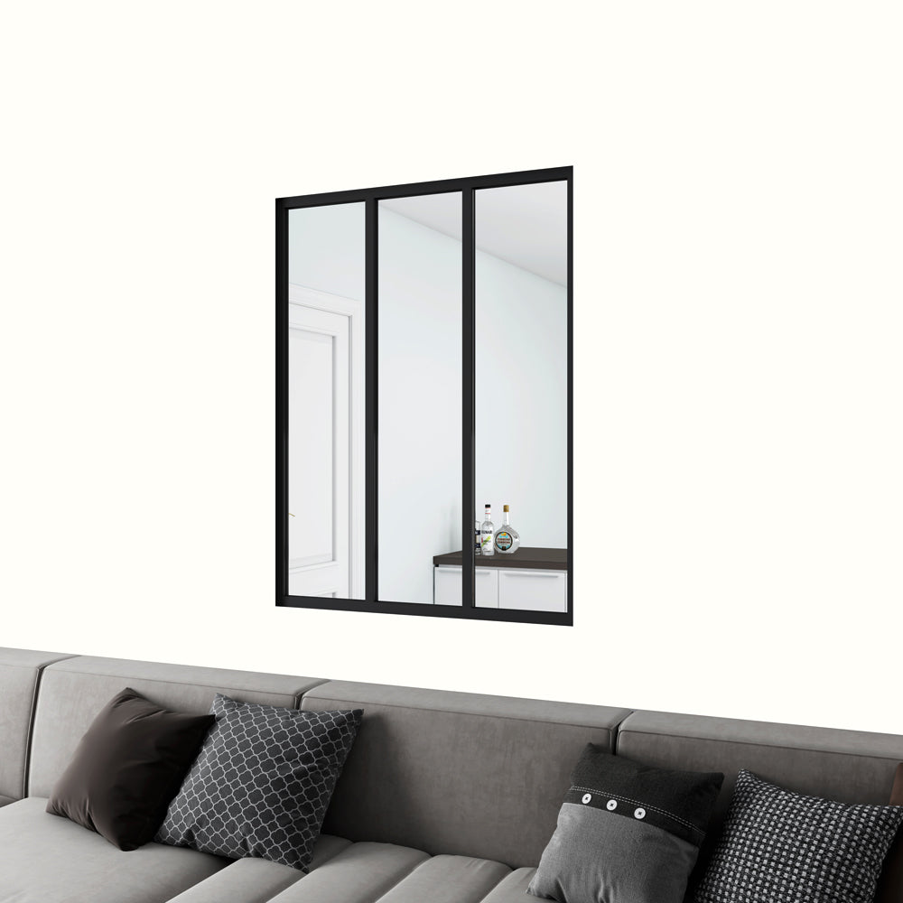 Cloison vitrée Intérieur 93x108cm - aluminium noir mat - Cadre aluminium noir mat - 3 carreaux fixes - Kit de montage