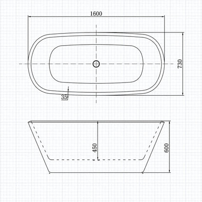 Océan Baignoire îlot Noir Mat et Blanc 1600x730x600mm, Style Léger-Luxe Italien avec Vidage Trop-Plein