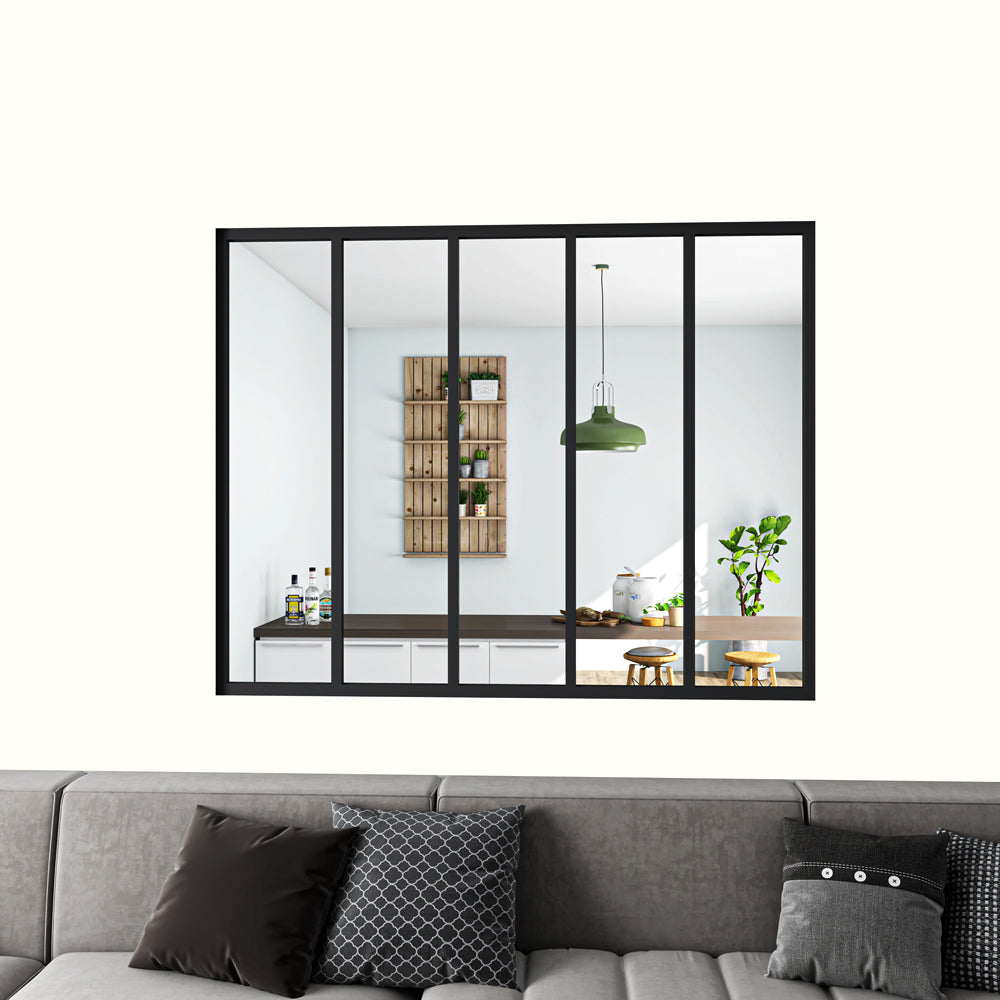 Cloison vitrée intérieure 153x108cm : cadre en aluminium noir mat, 5 carreaux fixes et kit de vitrage