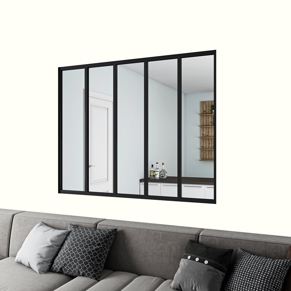 Cloison vitrée intérieure 153x108cm : cadre en aluminium noir mat, 5 carreaux fixes et kit de vitrage