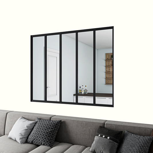 Cloison vitrée intérieure 153x108cm : cadre en aluminium noir mat, 5 carreaux fixes et kit de vitrage