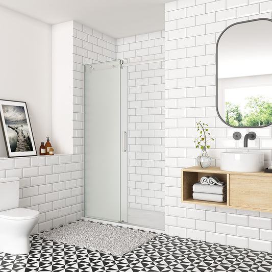 OCEAN porte de douche coulissante 100-140x195cm profilé chromé en verre sablé et anticalcaire