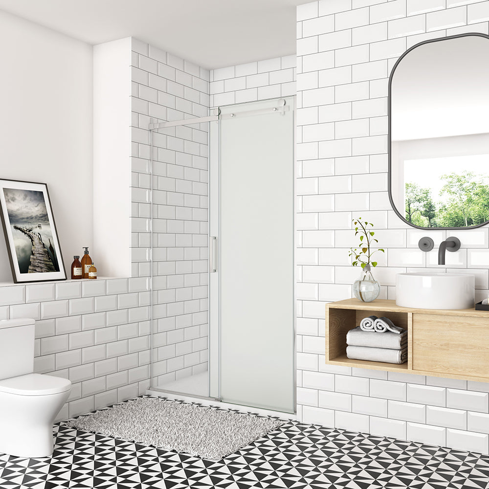 OCEAN porte de douche coulissante 100-140x195cm profilé chromé en verre sablé et anticalcaire