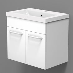 Meuble de salle de bain, sous vasque à suspendre, meuble de rangement MDF à 2 portes battantes 60cm, avec plan vasque intégré Blanc / Marron noix