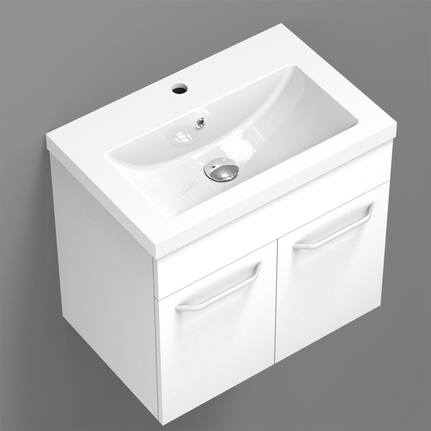 Meuble de salle de bain, sous vasque à suspendre, meuble de rangement MDF à 2 portes battantes 60cm, avec plan vasque intégré Blanc / Marron noix