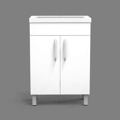 Meuble de salle de bain, sous vasque sur pieds, meuble de rangement MDF 60cm, avec plan vasque intégré Blanc / Marron noix