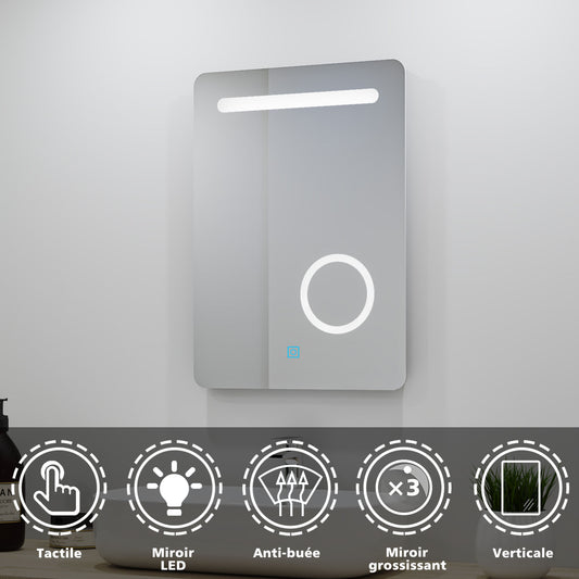 Ocean Miroir salle de bain LED avec éclairag + miroir mural cosmétique lumineux + anti-buée + miroir grossissant + Vertical 50*70cm
