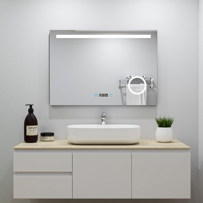 Ocean Miroir salle de bain LED avec éclairag + miroir mural cosmétique lumineux + anti-buée + Horloge numérique et date + miroir grossissant+Horzontal
