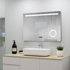 Ocean Miroir salle de bain LED avec éclairag + miroir mural cosmétique lumineux + anti-buée + Horloge numérique et date + miroir grossissant+Horzontal