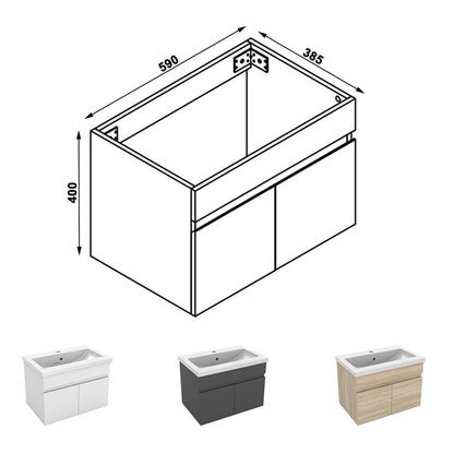 Meuble de salle de bain couleur chêne suspendu avec deux portes et vasque en céramique
