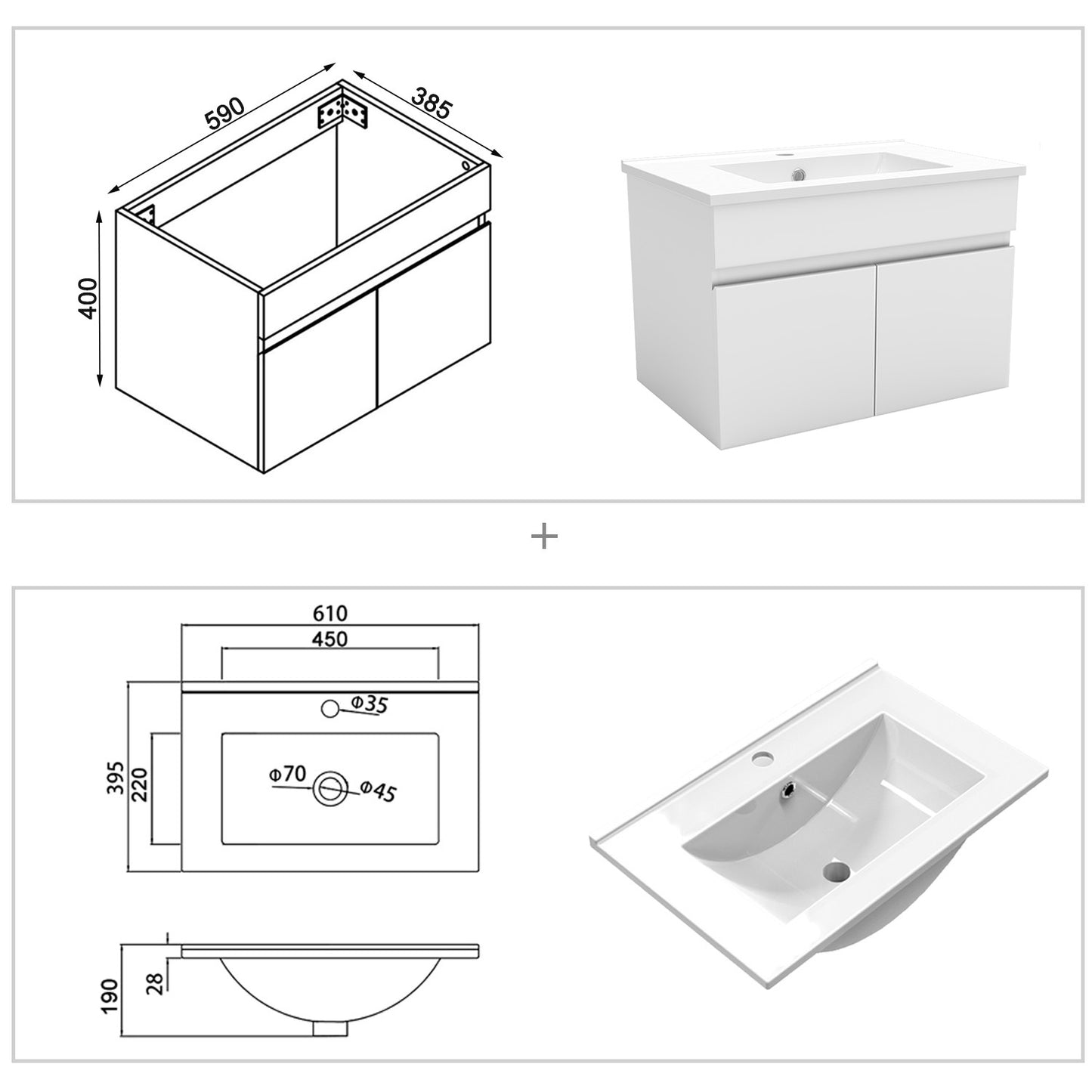 Meuble de salle de bain blanc mat sous lavabo suspendu avec deux portes et vasque en céramique