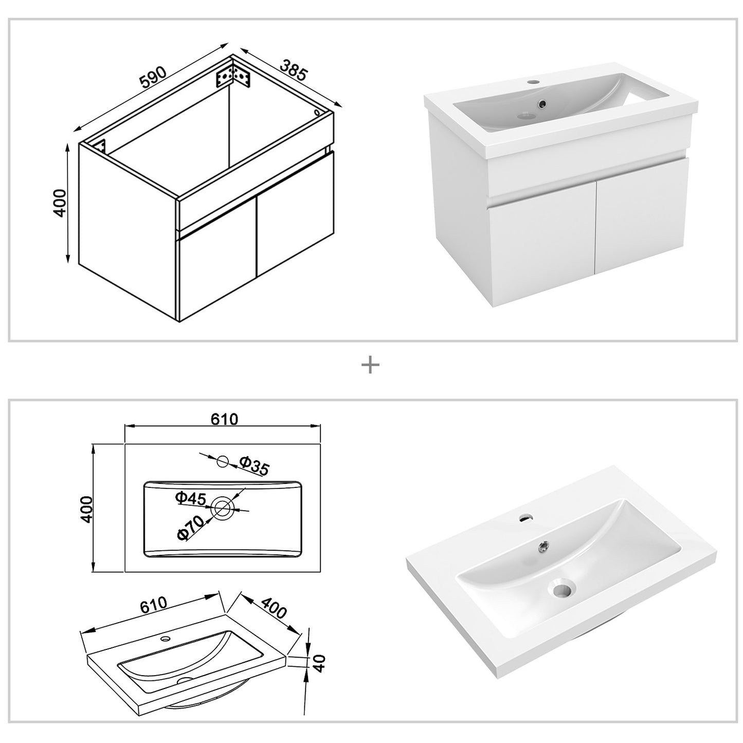 Meuble de salle de bain couleur chêne suspendu avec deux portes et vasque en céramique