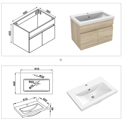 Meuble de salle de bain couleur chêne suspendu avec deux portes et vasque en céramique