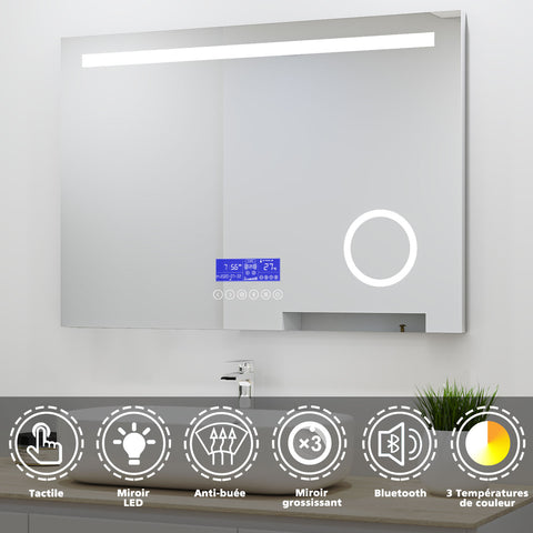 Ocean Miroir salle de bain LED avec éclairag + miroir mural cosmétique lumineux + 3couleurs LED réglables+ anti-buée + Bluetooth + miroir grossissant+Horzontal