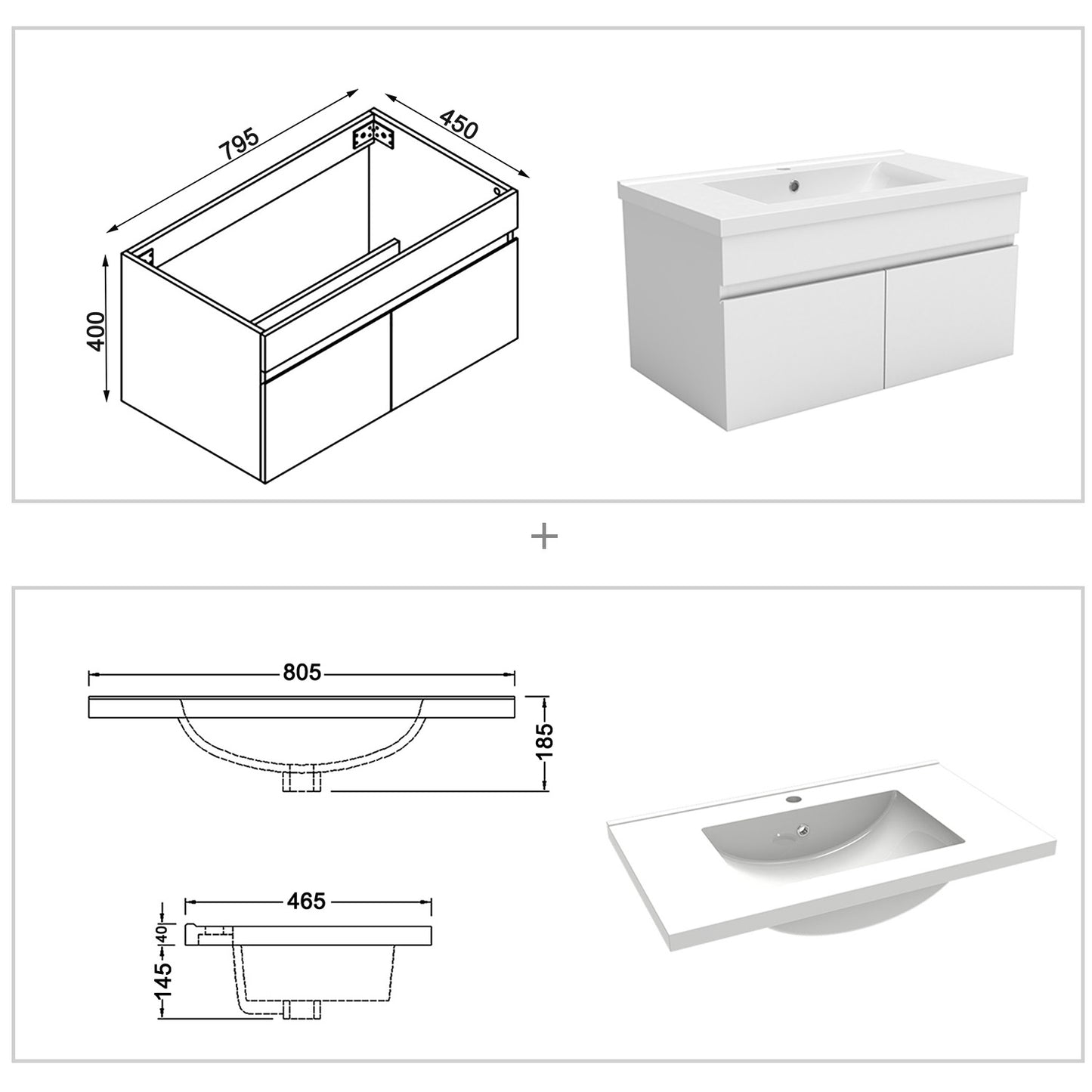 Meuble vasque suspendu avec deux portes, vasque en céramique , Meuble couleur blanc/ anthracite / couleur chêne