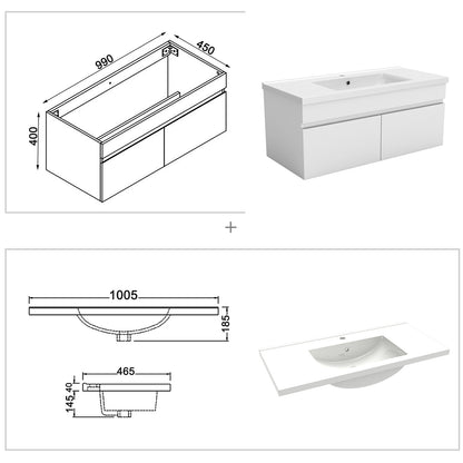 Meuble de salle de bain couleur chêne suspendu avec vasque en céramique, deux portes
