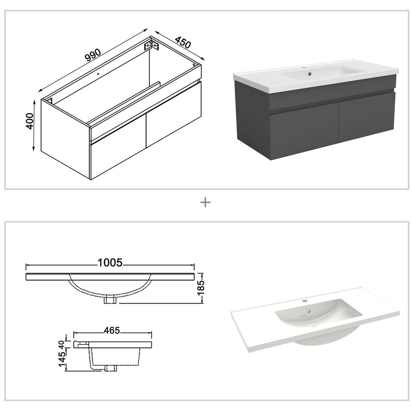 Meuble de salle de bain couleur chêne suspendu avec vasque en céramique, deux portes