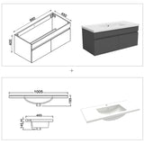 Meuble de salle de bain couleur chêne suspendu avec vasque en céramique, deux portes