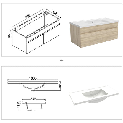 Meuble de salle de bain couleur chêne suspendu avec vasque en céramique, deux portes