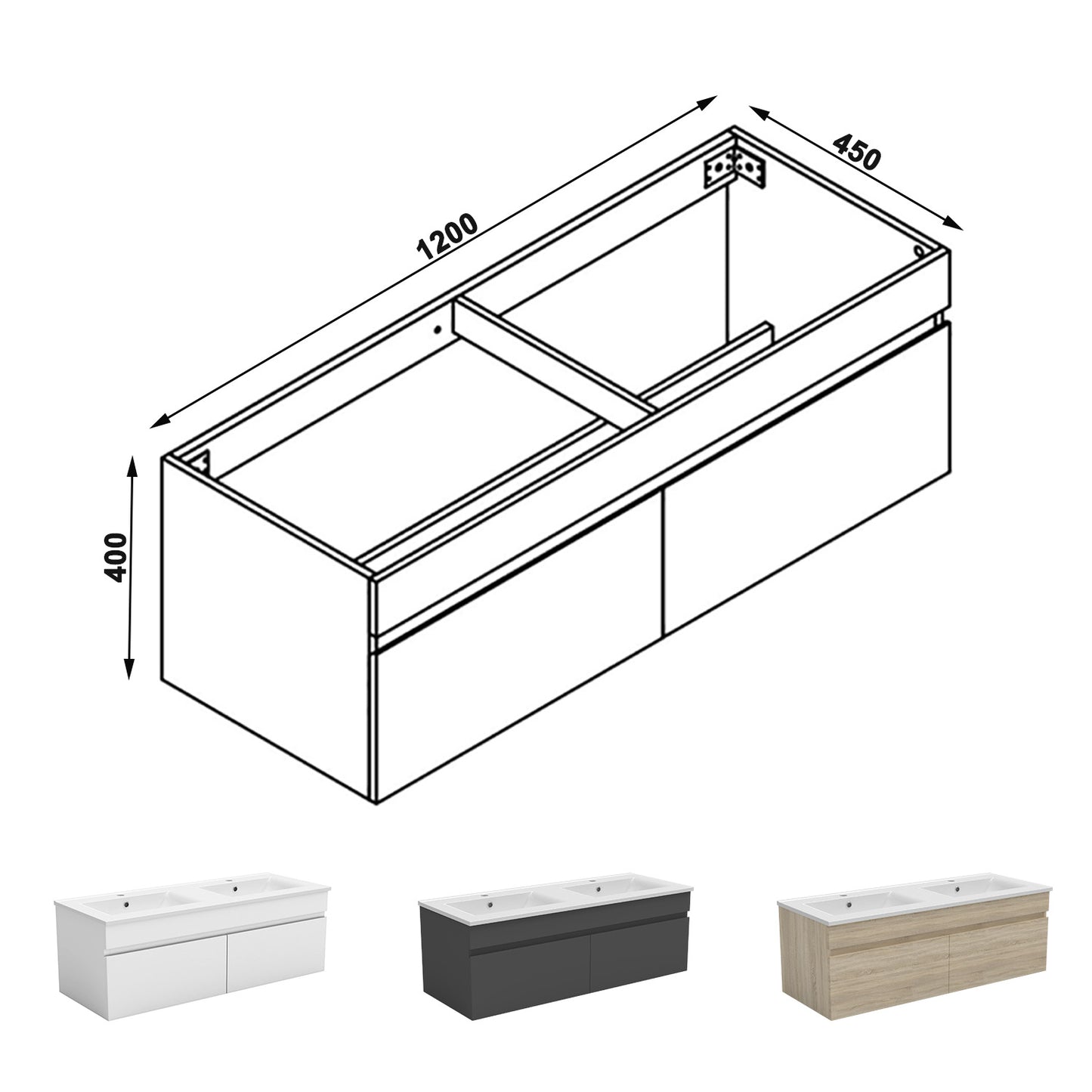 Meuble de salle de bain suspendu deux portes x  double vasques, vasque en céramique.