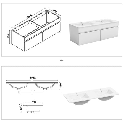 Meuble de salle de bain suspendu deux portes x  double vasques, vasque en céramique.