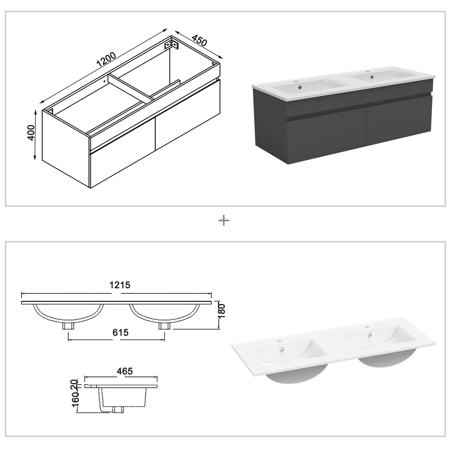 Meuble de salle de bain suspendu deux portes x  double vasques, vasque en céramique.