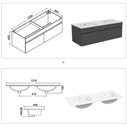 Meuble de salle de bain suspendu deux portes x  double vasques, vasque en céramique.
