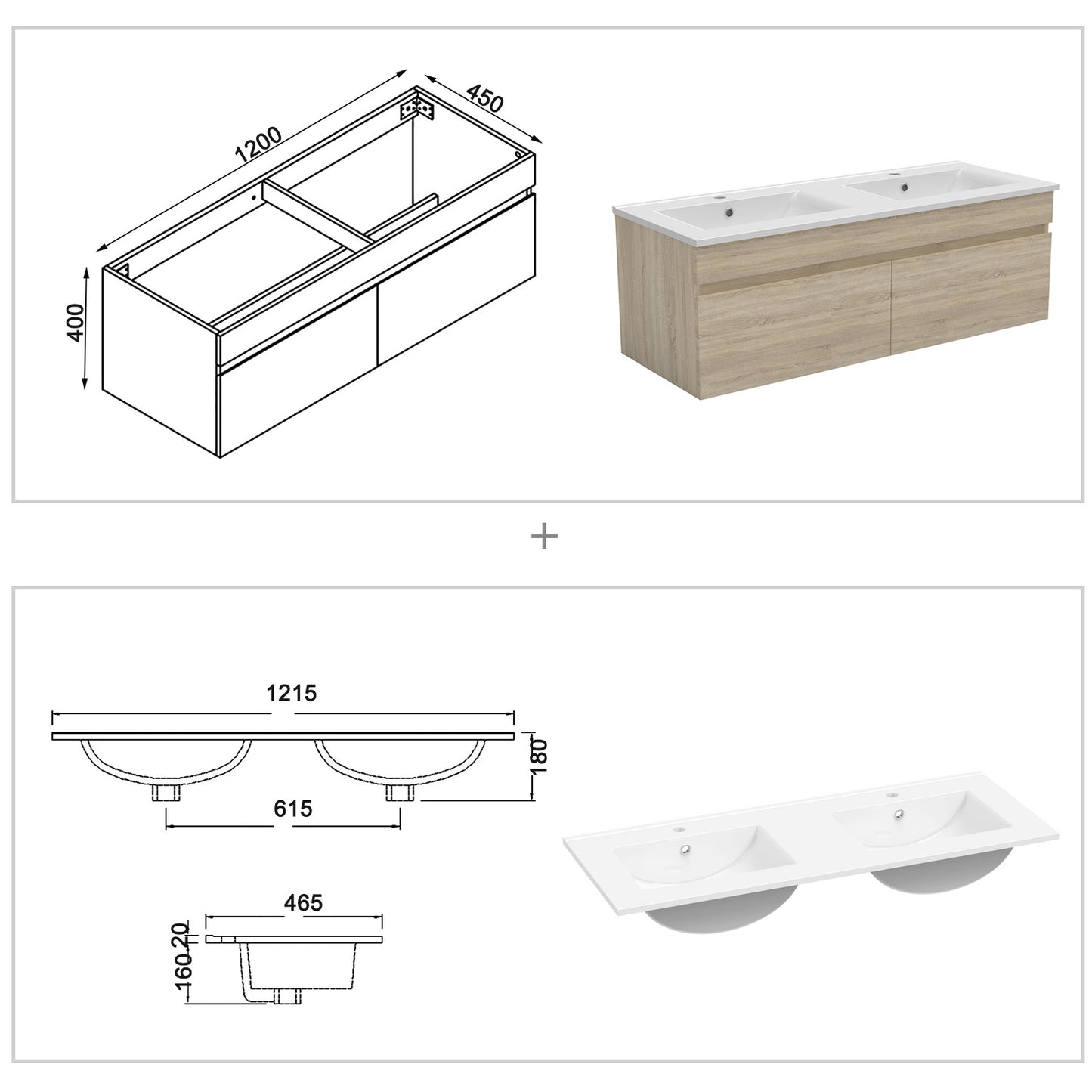 Meuble de salle de bain suspendu deux portes x  double vasques, vasque en céramique.