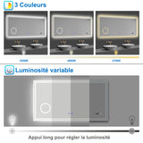 Miroir tactile antibuée LED tricolore avec Bluetooth simple et horloge, 70/80/100/120/140/160 cm