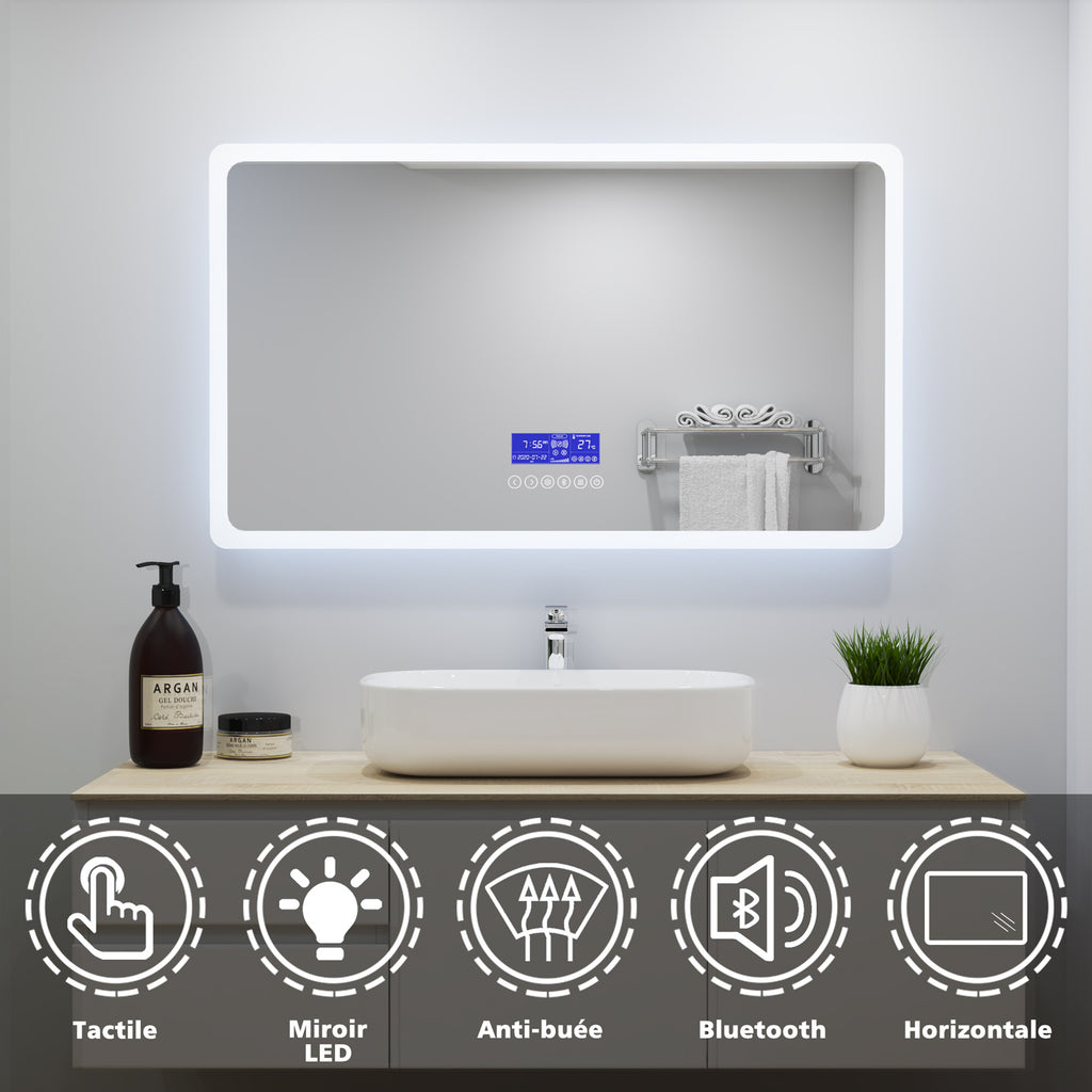 Miroir de salle de bain avec éclairage et bluetooth, miroir mural