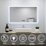 Ocean Miroir salle de bain LED avec éclairag + miroir mural cosmétique lumineux + anti-buée + Horloge numérique et date +Horzontal